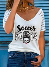 跨境电商亚马逊新款soccer mom女孩印花镂空袖短袖v领女T恤