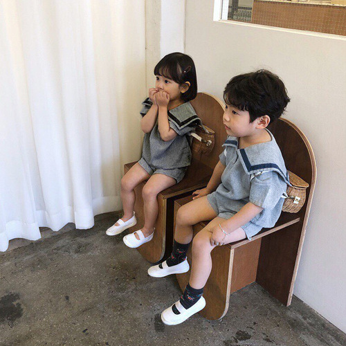 Boys summer suit Korean children's clothing girls college style baby children navy style summer short-sleeved two-piece set