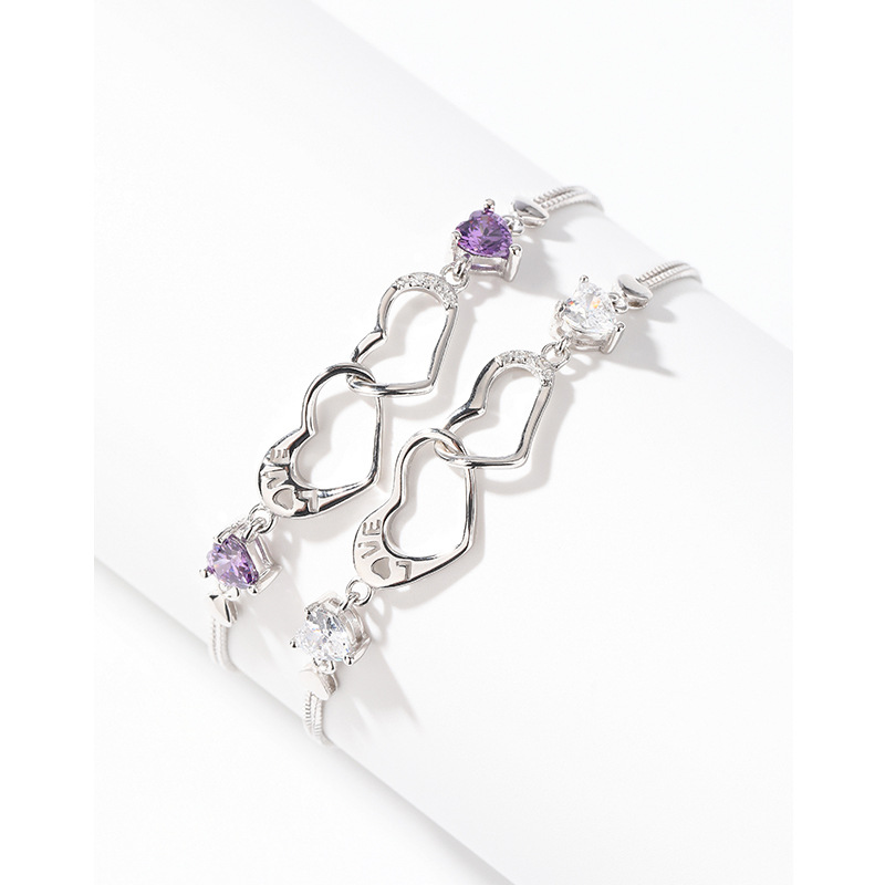 S925 plata esterlina diamante-incrustado doble amor pulsera mujer luz lujo nicho exquisito de alto grado temperamento todo partido pulsera para novia