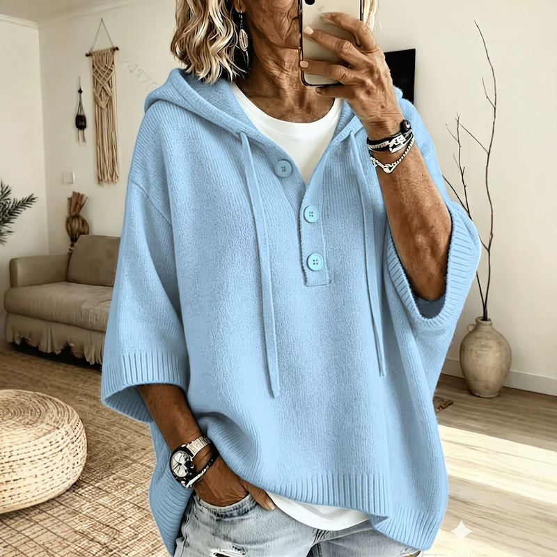2026 European and American Style Button Knit Hooded Half-Button Lazy Style Sweater Autumn and Winter New Cross-Border Solid Color Versatile Women's Clothing