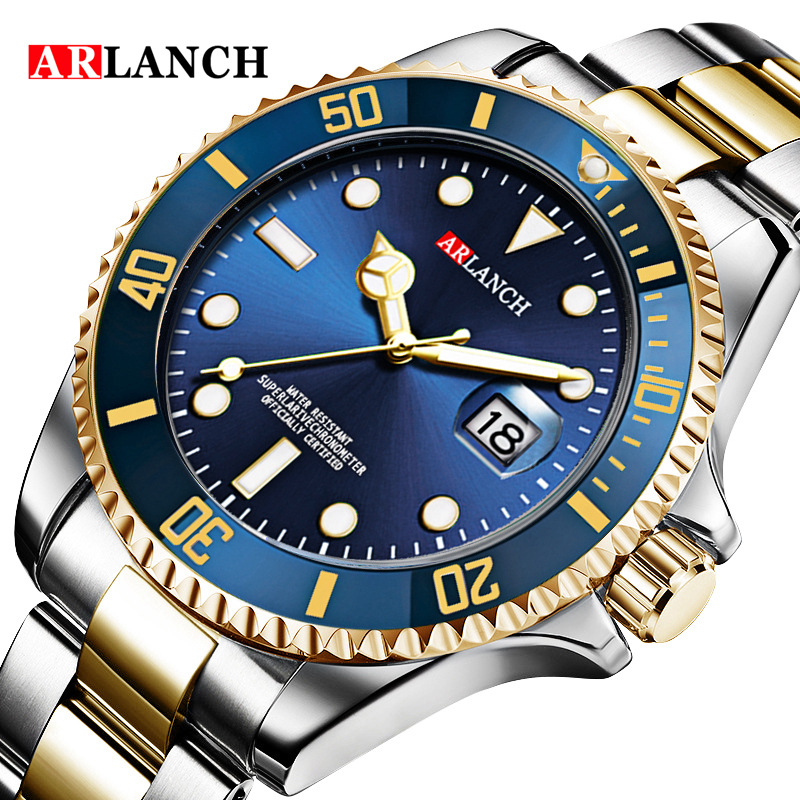 Nuevo calendario impermeable Lux hombres de negocios reloj de oro verde agua fantasma correa de acero reloj arlanch 306
