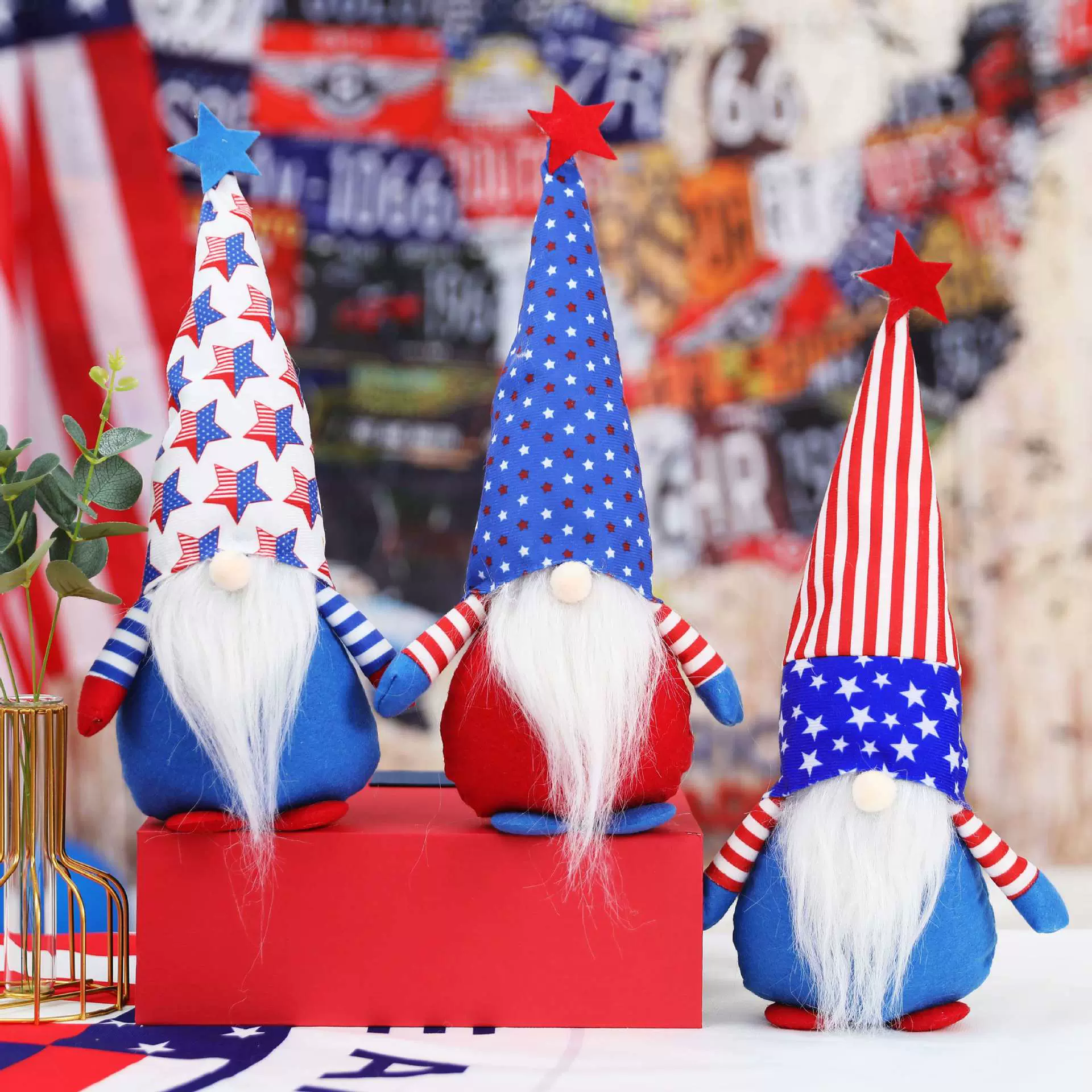 美国独立日五角星鲁道夫公仔侏儒无脸小矮人娃娃装饰用品星条旗