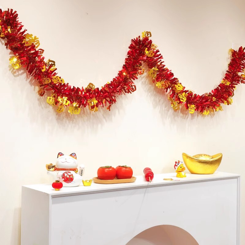 New Year's Day Blessing Character Tinsel Decoration, Dark Green Vine Ribbon, Christmas and New Year Garland, Festive Atmosphere Arrangement