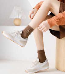 中筒襪 女士棉質木耳花邊襪子 春秋繡花卡通小狗雙針細條紋堆堆襪