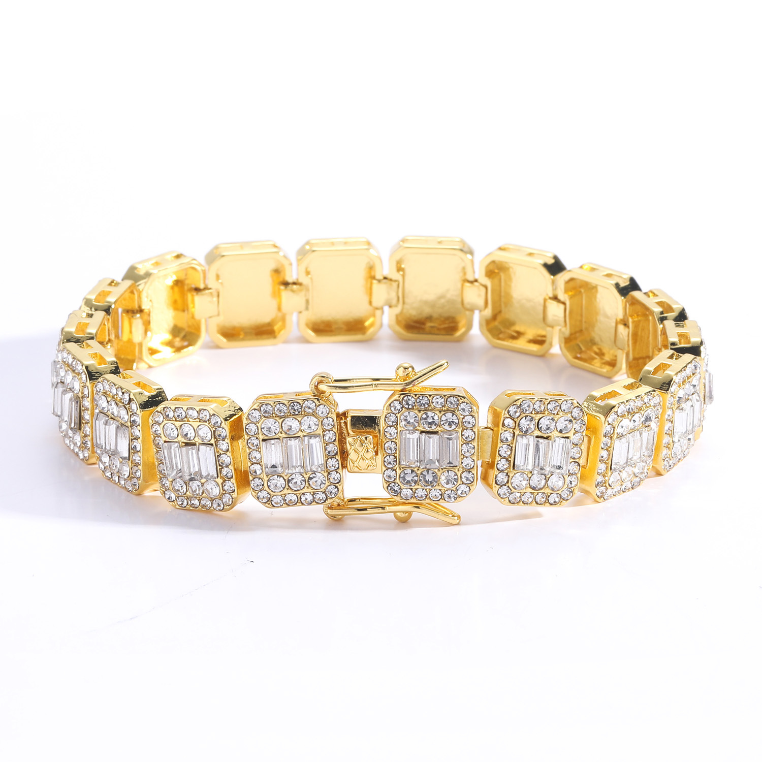 Men's Cuban Link Bracelet With Square And Round Crystals_voghion.com