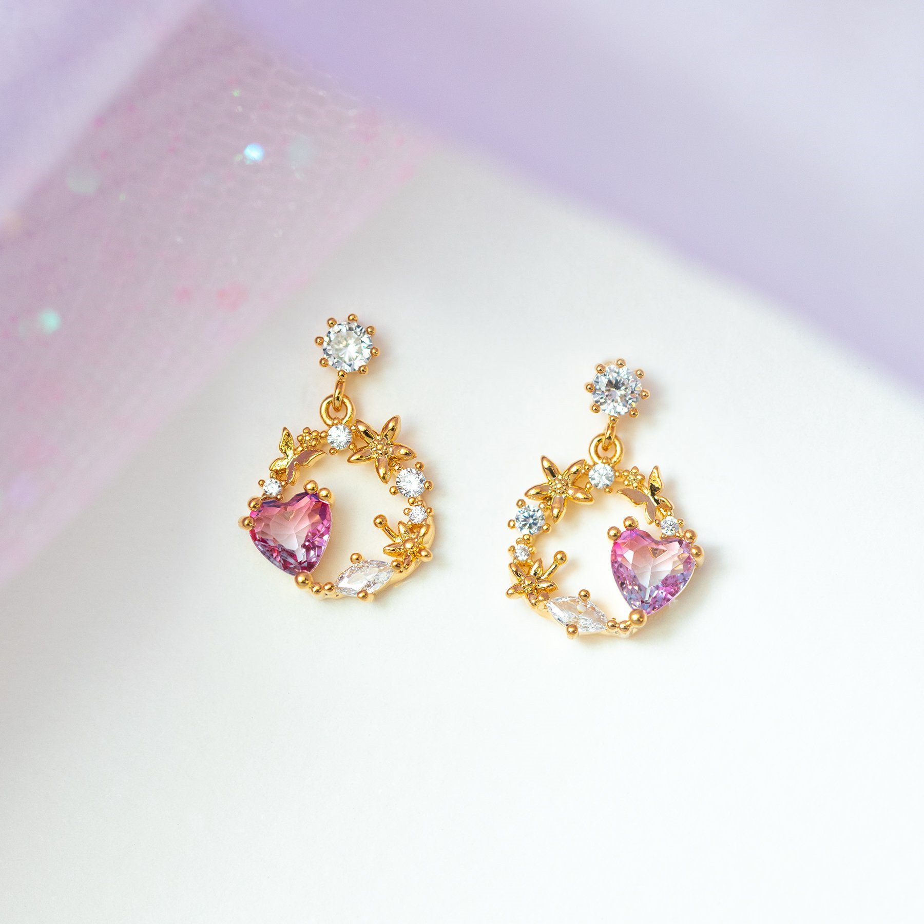 Pink Heart Stud Earring Micro Inlaid Zircon Exquisite Heart-Shaped Ear studs