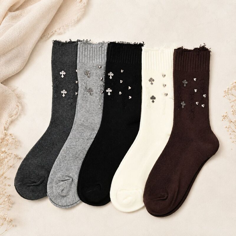Accessories Socks, Combed Cotton Women's Socks, Cross and Heart Rivets, Hand-Sewn, Heavy-Duty Mid-Calf Socks, Distressed Ripped Socks Accessories Socks, Combed Cotton Women's Socks, Cross and Heart Rivets, Hand-Sewn, Heavy-Duty Mid-Calf Socks, Distressed Ripped Socks