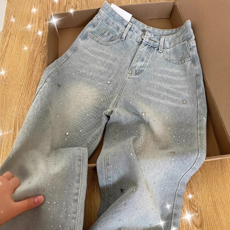 Light Blue Popular Hot Diamond Straight Jeans for Women 2025 Autum New Design High Waist Slim Wide Leg Pants
