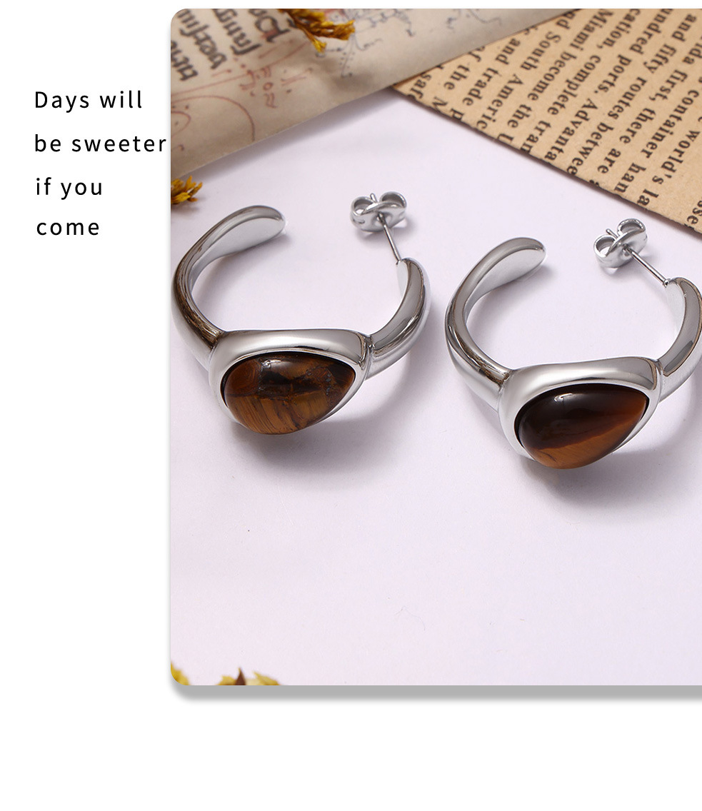 Retro Tiger Eye Stone Hoop Earrings & Open Ring Set Gold Plated_voghion.com