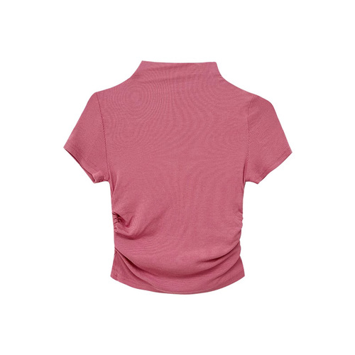 Summer new hot girl sports top yoga short-sleeved half-high collar pleated T-shirt pure desire fitness clothing daily exercise
