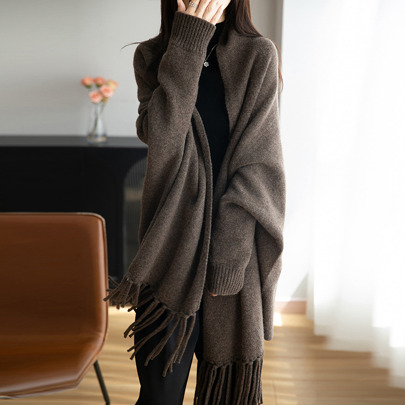 100% Pure Wool Shawl for Women, New Autumn and Winter Knitted Cape, Scarf, Tassel Cape, Loose Cardigan Jacket