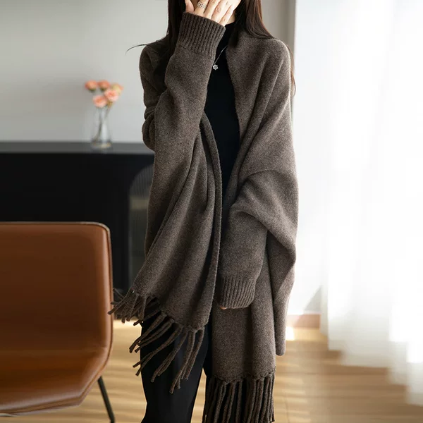 100% Pure Wool Shawl for Women, New Autumn and Winter Knitted Cape, Scarf, Tassel Cape, Loose Cardigan Jacket