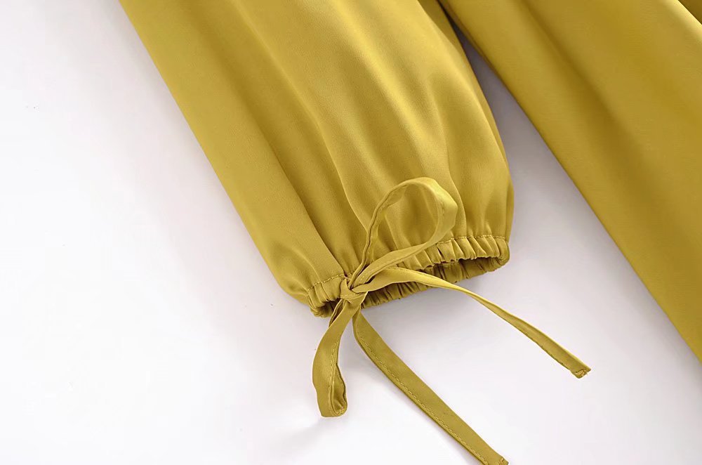 Yellow Lantern Sleeved Satin Elastic Shirt Dress NSXFL106614