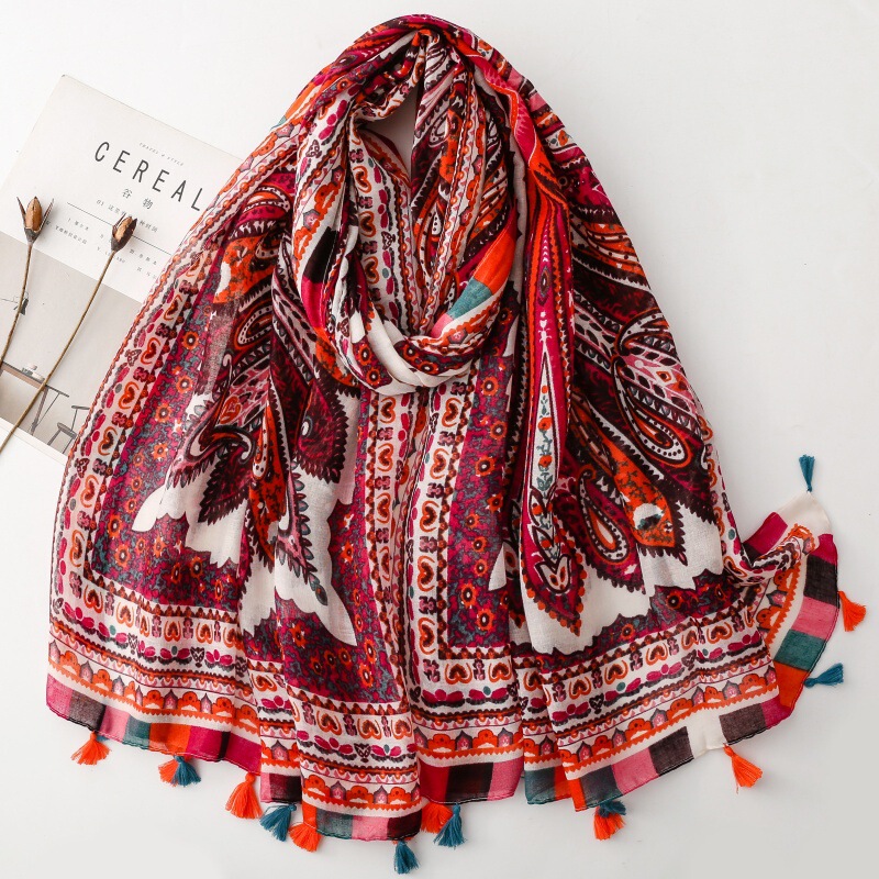 Bohemian Style Retro Paisley Cashew Flower Tassel Scarf Ethnic Style Large Shawl Vacation Sun Protection Beach Towel