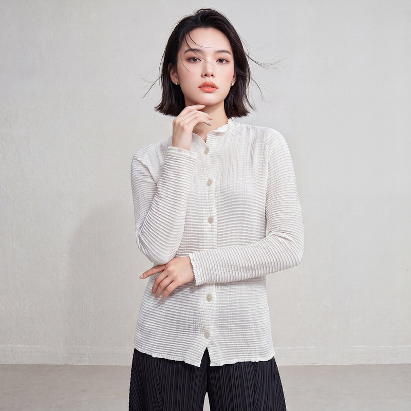 Miyake-Style Pleated Stand-Collar Shirt, White Pleated Long-Sleeve Single-Breasted Thin Cardigan, Suitable for Both Inner and Outer Wear in the Workplace, Women's Clothing Miyake-Style Pleated Stand-Collar Shirt, White Pleated Long-Sleeve Single-Breasted Thin Cardigan, Suitable for Both Inner and Outer Wear in the Workplace, Women's Clothing
