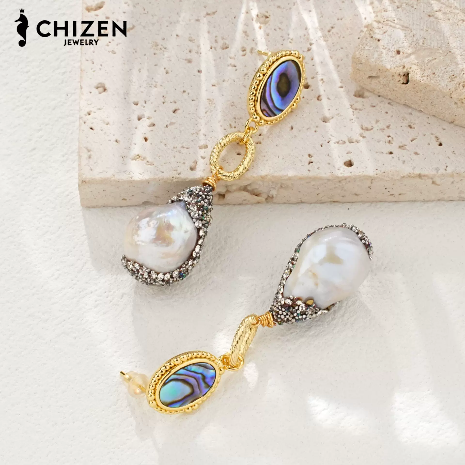 跨境巴洛克珍珠套装天然淡水异形珍珠源头工厂手工镶嵌捷克钻耳钉