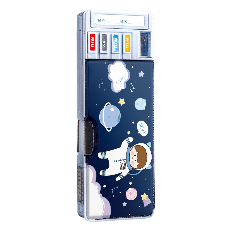 Caja de papelería de doble cara niños deformación multifuncional Spaceman caja de lápices Botón de gran capacidad órgano cabina oscura caja de lápices