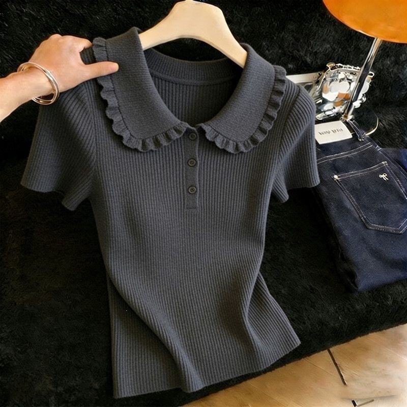 Doll Collar Short-Sleeve T-Shirt Knit Top for Women, New Summer Style, Solid Color, Super Stylish, Loose Fit, Slimming, Thin Top for Women Doll Collar Short-Sleeve T-Shirt Knit Top for Women, New Summer Style, Solid Color, Super Stylish, Loose Fit, Slimming, Thin Top for Women