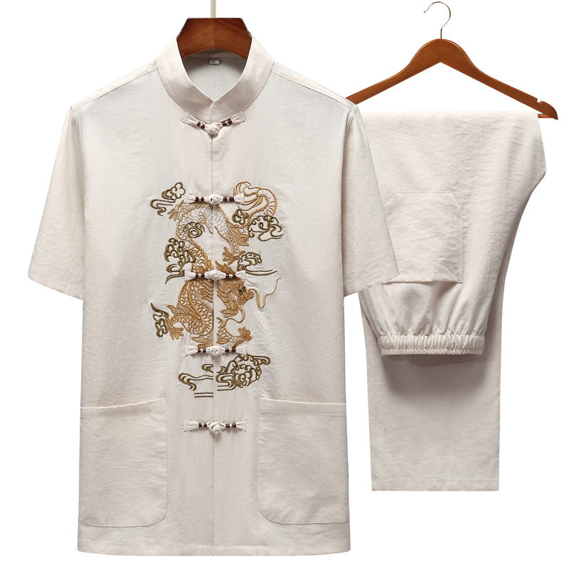 棉麻唐装男士中年套装中国风复古外套中式男装亚麻汉服古风中山装