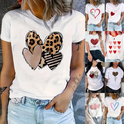 Cross-border TEMU free shipping women's short-sleeved Amazon AliExpress Shopee Western Valentine's Day heart round neck top