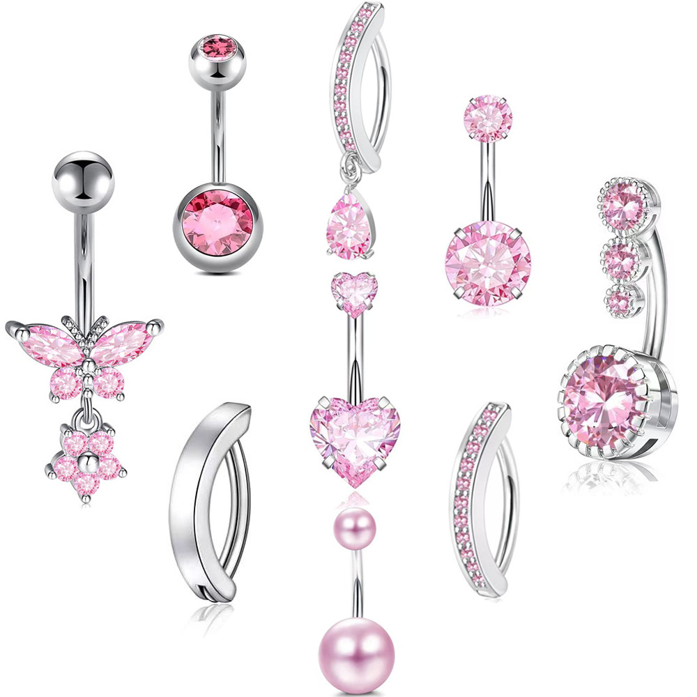 Zircon Butterfly Flower Belly Button Ring Set - Gold Plated Stainless Steel Navel Piercing Jewelry detail image 6