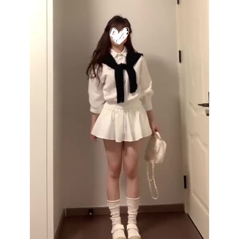 设计感黑色披肩宽松长袖衬衫女2025夏季新款显瘦白色半身裙三件套|undefined