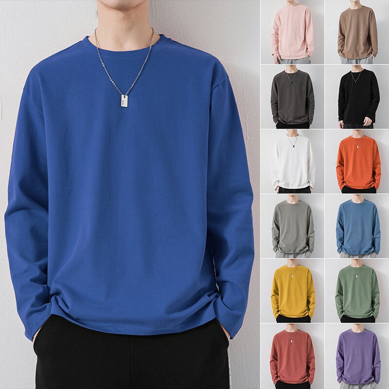 Trendy solid-color base layer shirt for men, autumn American-style loose-fit casual long-sleeve top, affordable inner layer, round-neck T-shirt, export quality Trendy solid-color base layer shirt for men, autumn American-style loose-fit casual long-sleeve top, affordable inner layer, round-neck T-shirt, export quality
