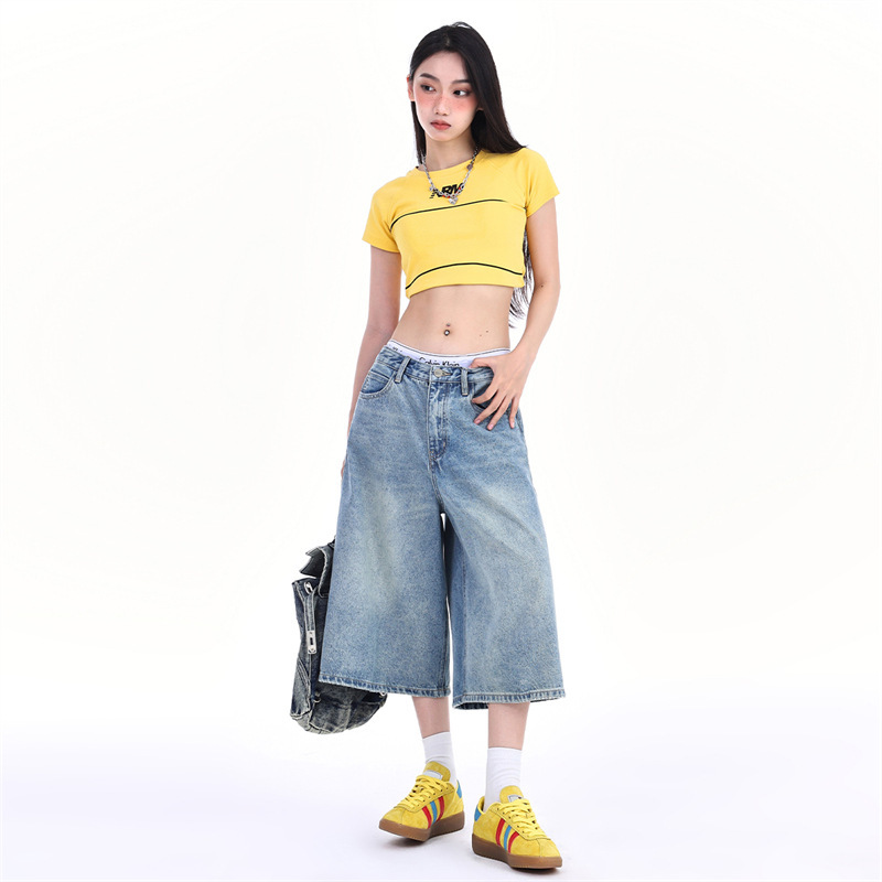 American Style Spice Girl Cropped Wide Leg Jeans Women's Spring and Summer 2025 New High Waist Loose Slimming Small Medium Pants