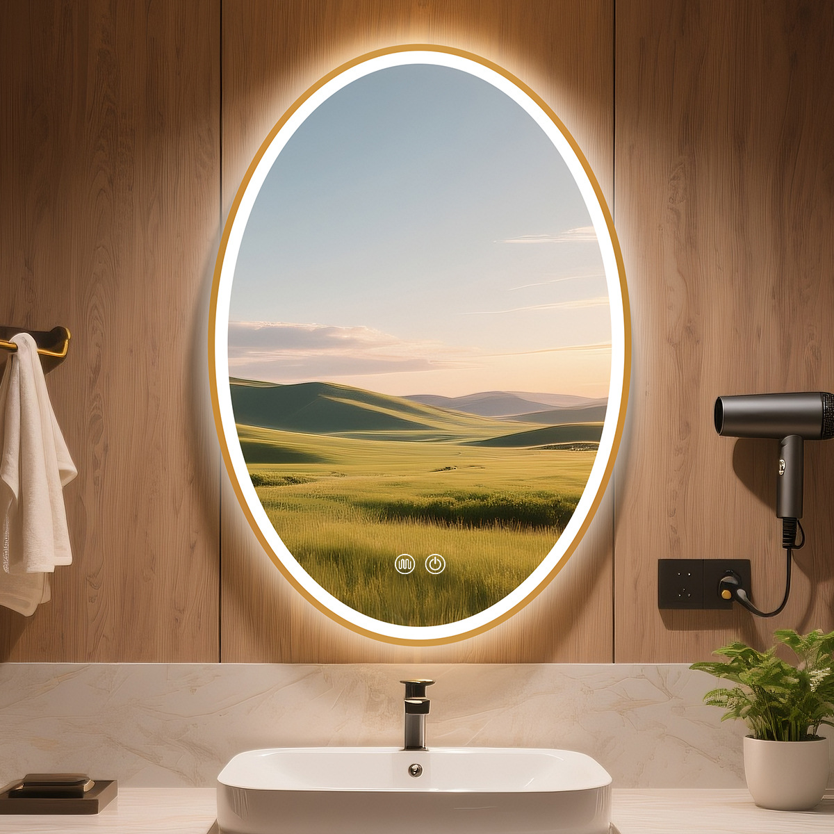 Hoteles transfronterizos residenciales espejo inteligente con marco de aleación de aluminio sin perforación de pared LED con lámpara de lámpara anti niebla baño elíptico