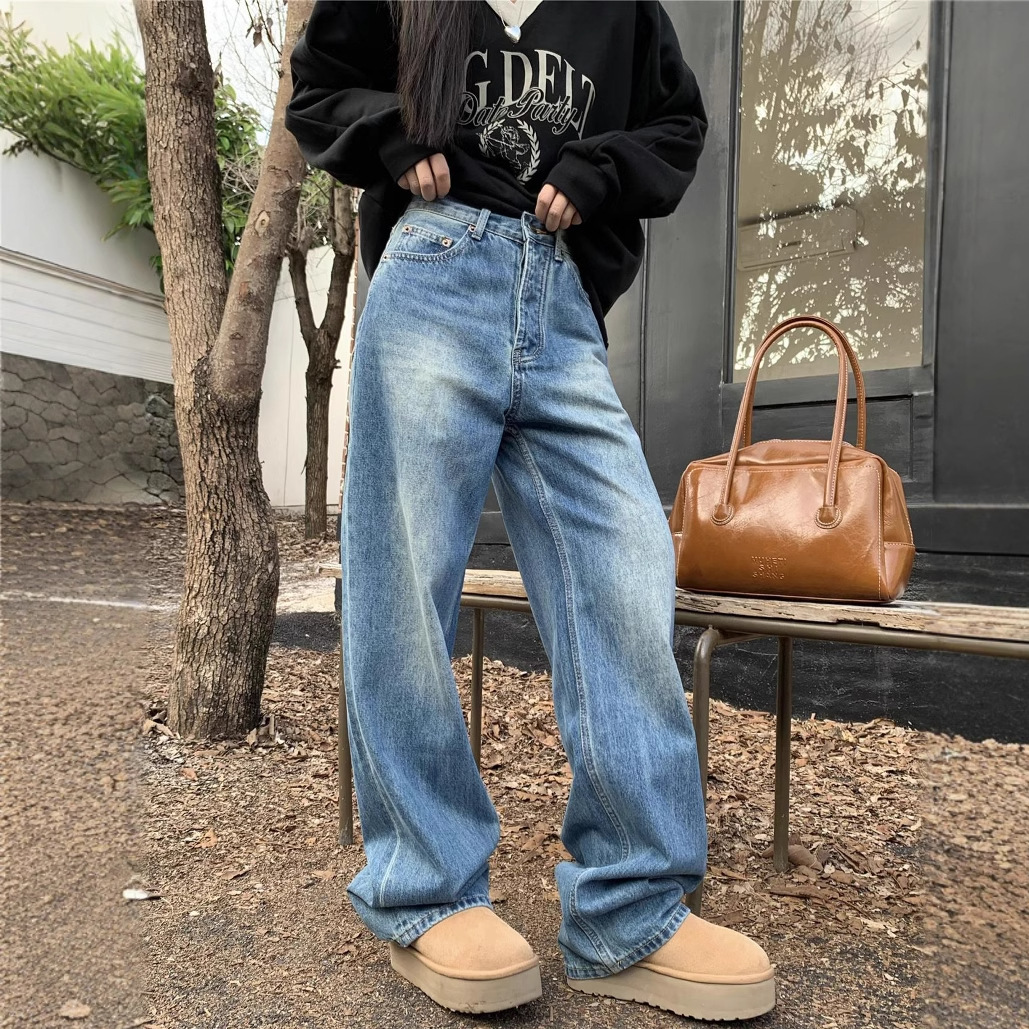 RHGD 진짜 샷  오프닝 신 바지로 장미  여자 느슨한 올매치 스태킹 유행 편안한 청바지