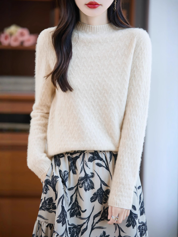 100纯羊毛打底衫女2025新款麦穗状内搭洋气大码女装秋冬针织毛衣|undefined