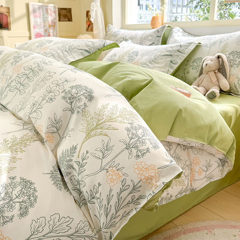 Juego de cuatro piezas de algodón fresco, juego de tres piezas de algodón, funda de edredón gruesa para el hogar, sábana de dormitorio, lijado, cama individual para estudiantes