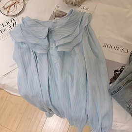 蓝色娃娃领雪纺衬衫女早春设计感小众荷叶边衬衣法式减龄漂亮小衫