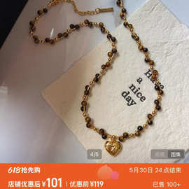 阿莎精选 老钱风天然虎眼石 双层爱心吊坠项链