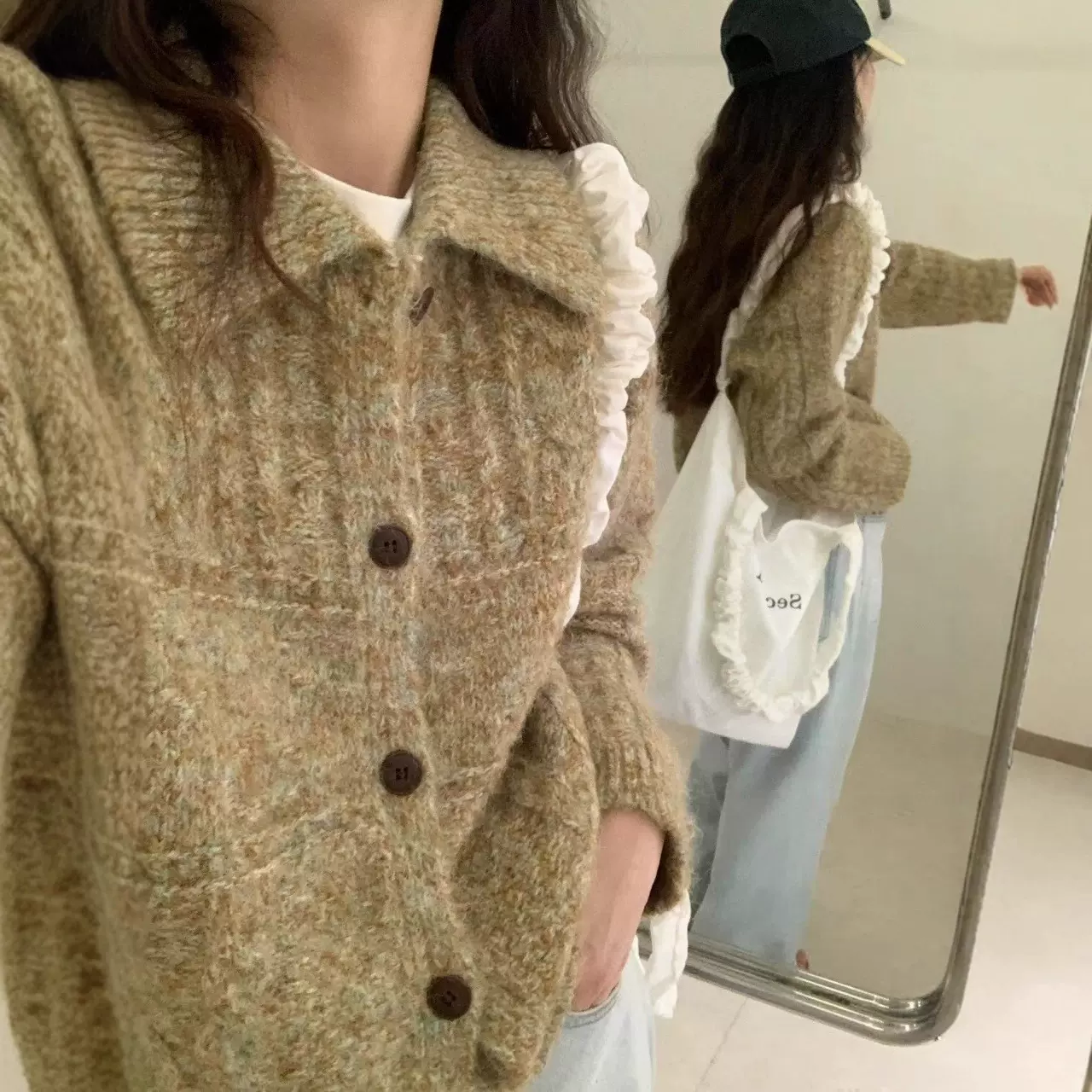 韩国东大门女装新品针织毛衣开衫韩系花纱特种纱镂空翻领开衫女