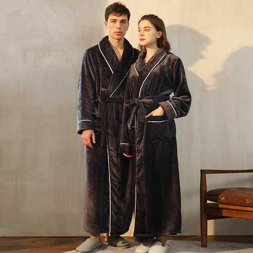 End of the year ins flannel nightgown men's simple large size coral velvet couple bathrobe women's autumn and winter long thick