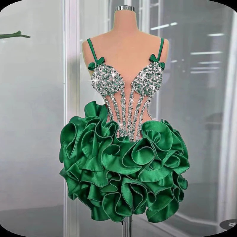 Sparkling Rhinestone Prom Dresses with Bow Straps Mini Party Dress Ruffles Crystal Sheer Short