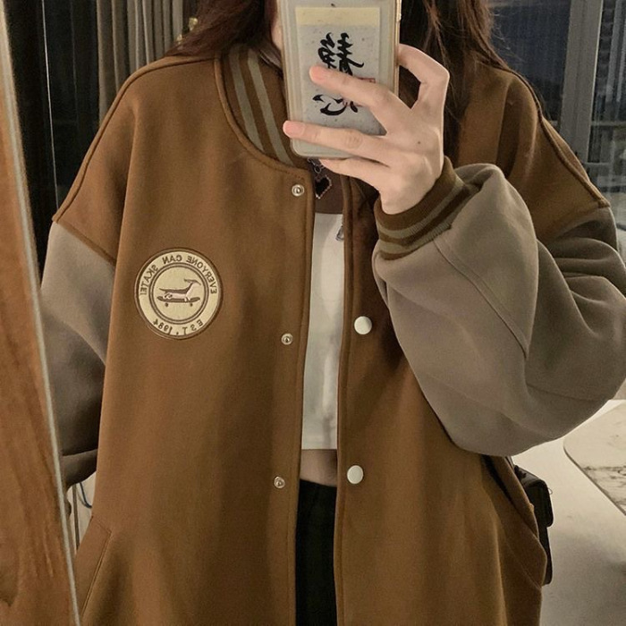 跨境慵懒风棒球服外套女秋冬加绒加厚复古宽松休闲开衫卫衣ins潮|undefined
