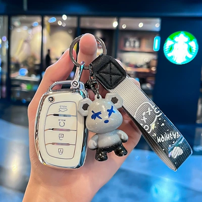 Car key bag — Cross-border hot sale suitable for silver - modern-r-model-smart-4-button-start-single-shell-white-gray-violent-bear-pendant