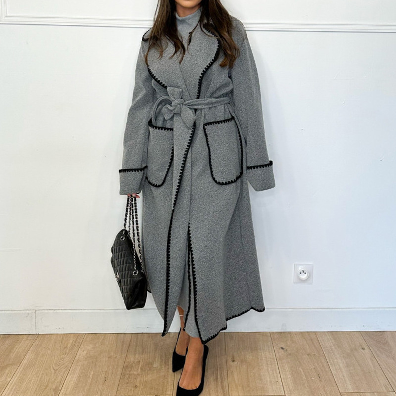 2023 autumn and winter trench coat cross-border temperament commuter coat shell embroidery lapel women's lace-up double-sided tweed coat 2023 autumn and winter trench coat cross-border temperament commuter coat shell embroidery lapel women's lace-up double-sided tweed coat