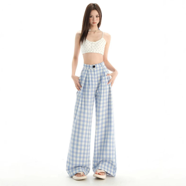 Женские утягивающие клетчатые брюки в японском стиле синего и белого цвета с прямыми штанинами, летние тонкие повседневные брюки с высокой талией, новинка 2025 года