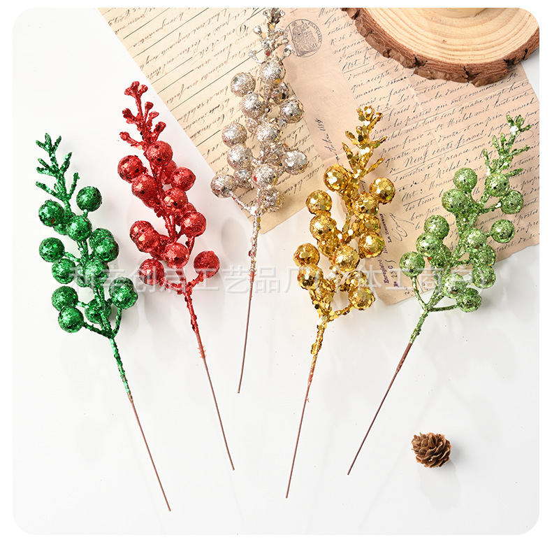 Cross-border manufacturer of 15-piece gold, silver, and red glitter fruit Christmas decorations, Christmas tree garlands, vine accessories, and Christmas fruit