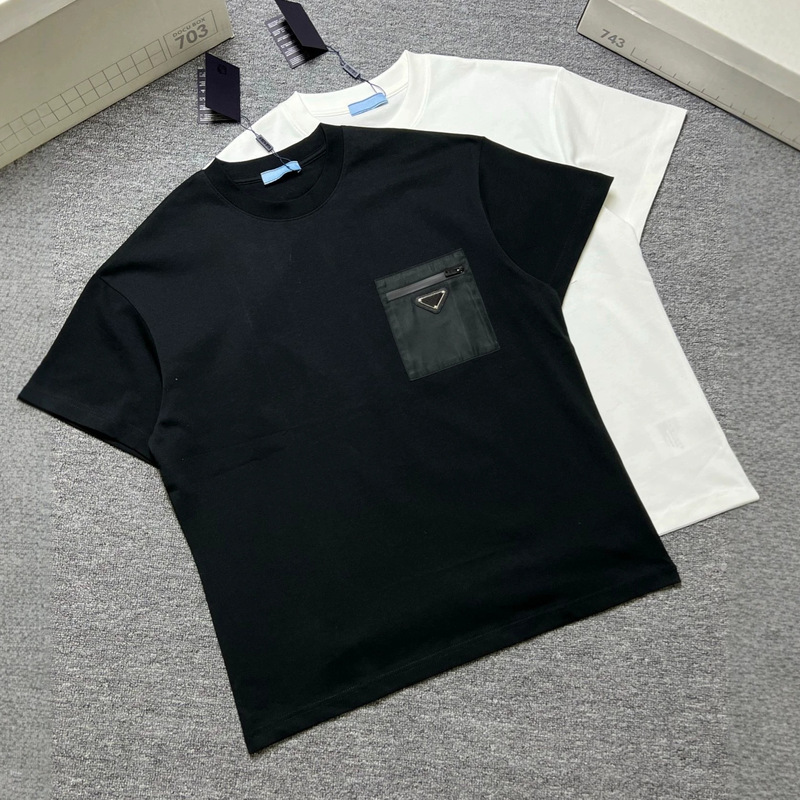 P Brand Summer Short-Sleeve Men's T-Shirt, Simple Trendy Brand, Pure Cotton, Zipper Pocket, Triangle Logo, Short-Sleeve T-Shirt for Men and Women, Couple Style