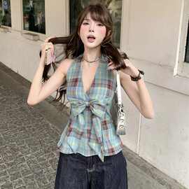 性感辣妹蝴蝶结格纹挂脖背心2025夏季新款收腰显瘦外穿上衣一件代