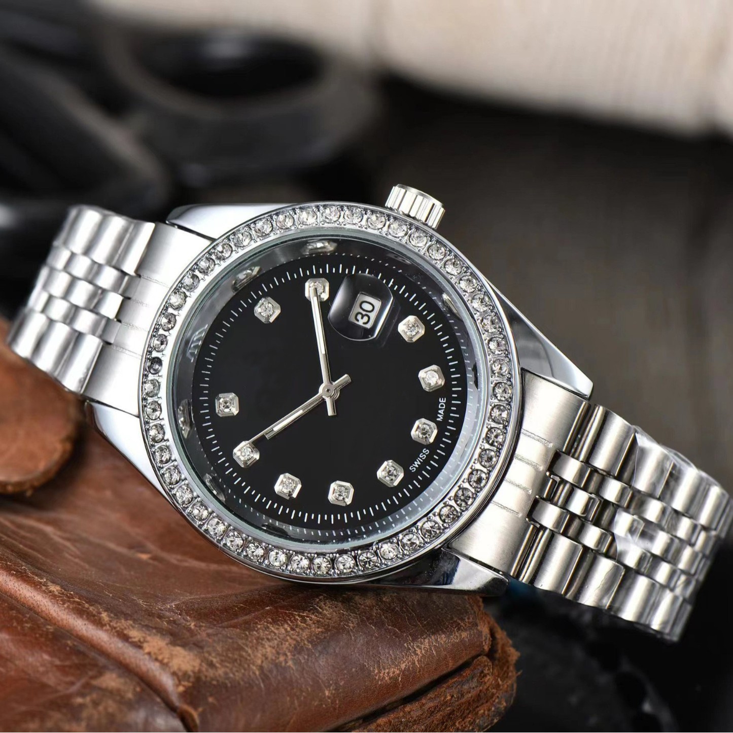 Foreign Trade Hot Selling Laojia Diamond-encrusted Waterproof Men's Watch Steel Belt Non-automatic Mechanical Couple's Calendar Watch