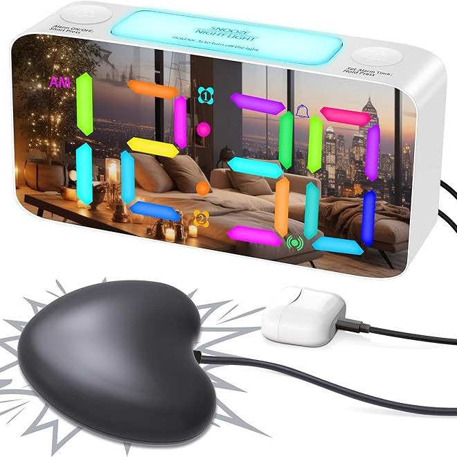 Rgb Heart-Shaped Vibrating Alarm Clock Factory Direct Sale 15 Colors Loud Sound Large Font Large Screen Blind People's Supplies