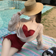 新款韩版女士游泳衣 连体三角可爱木耳边聚拢钢托大小胸时尚温泉