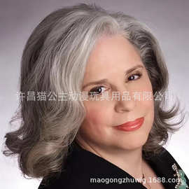 跨境货源欧美女士 银灰色短卷斜刘海时尚蓬松假发 玫瑰花内网头套