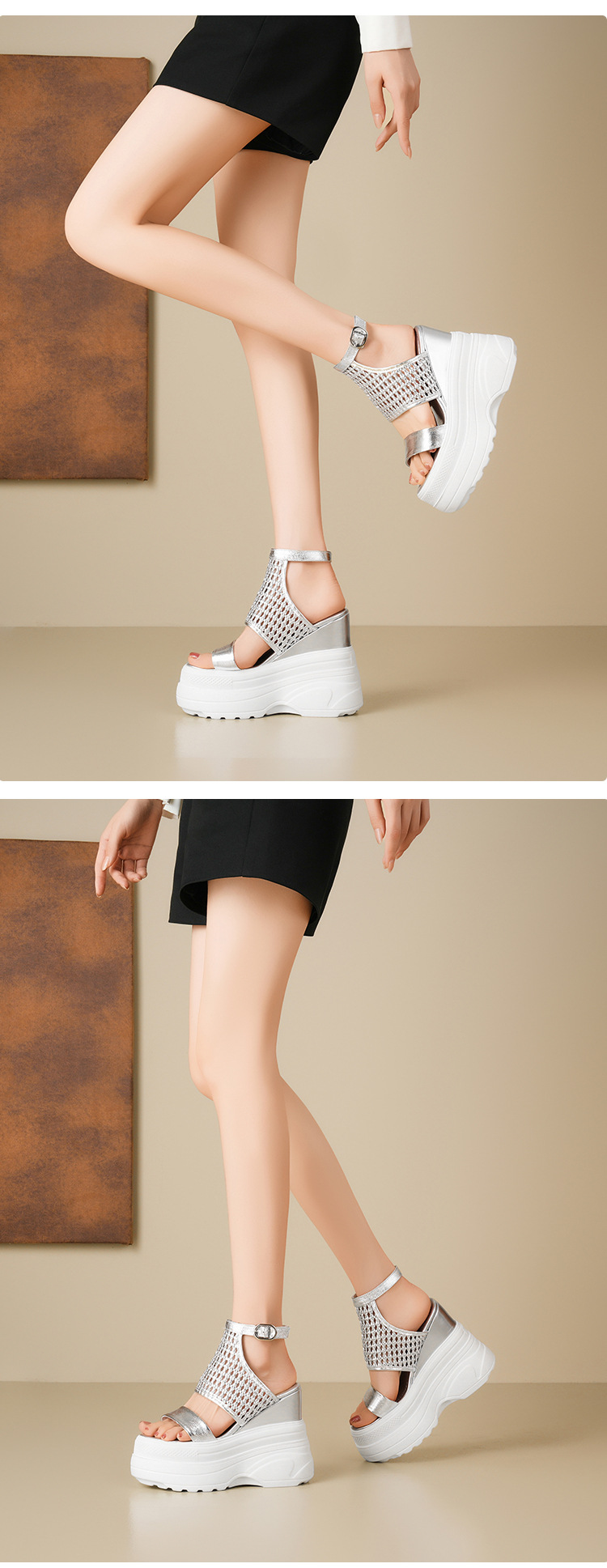 Sandal La Mã nữ đế xuồng cao gót 14 cm hở mũi thoáng khí — Màu đen, Màu vàng nhạt, Màu bạc chi tiết 9