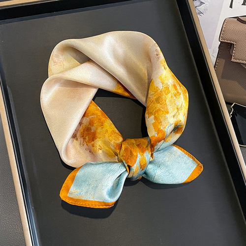 Oil painting silk square scarf for women 53 mulberry silk decorative scarf Korean version versatile fashion small silk scarf shawl scarf neck protector